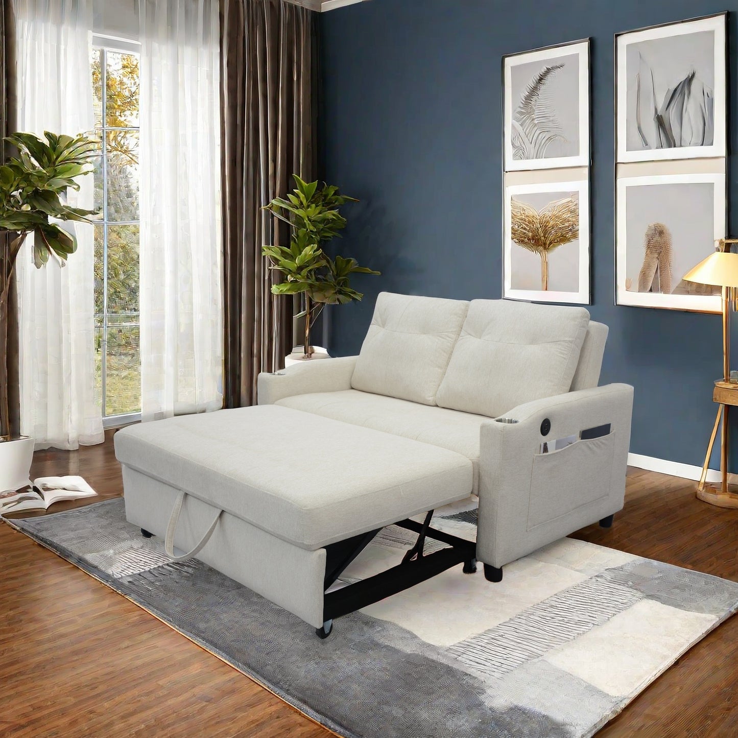 Light beige sofa bed with pullout ottoman and integrated storage pockets