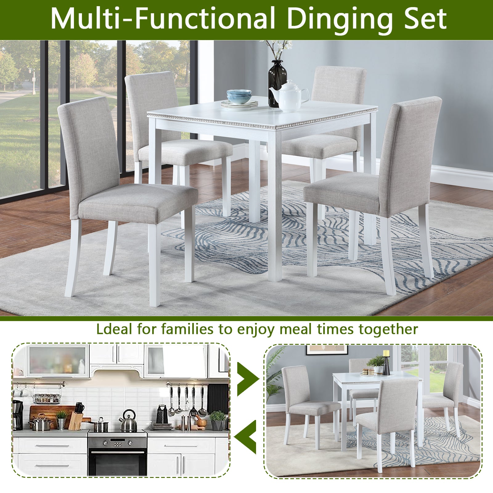 White dining table set with four beige upholstered chairs