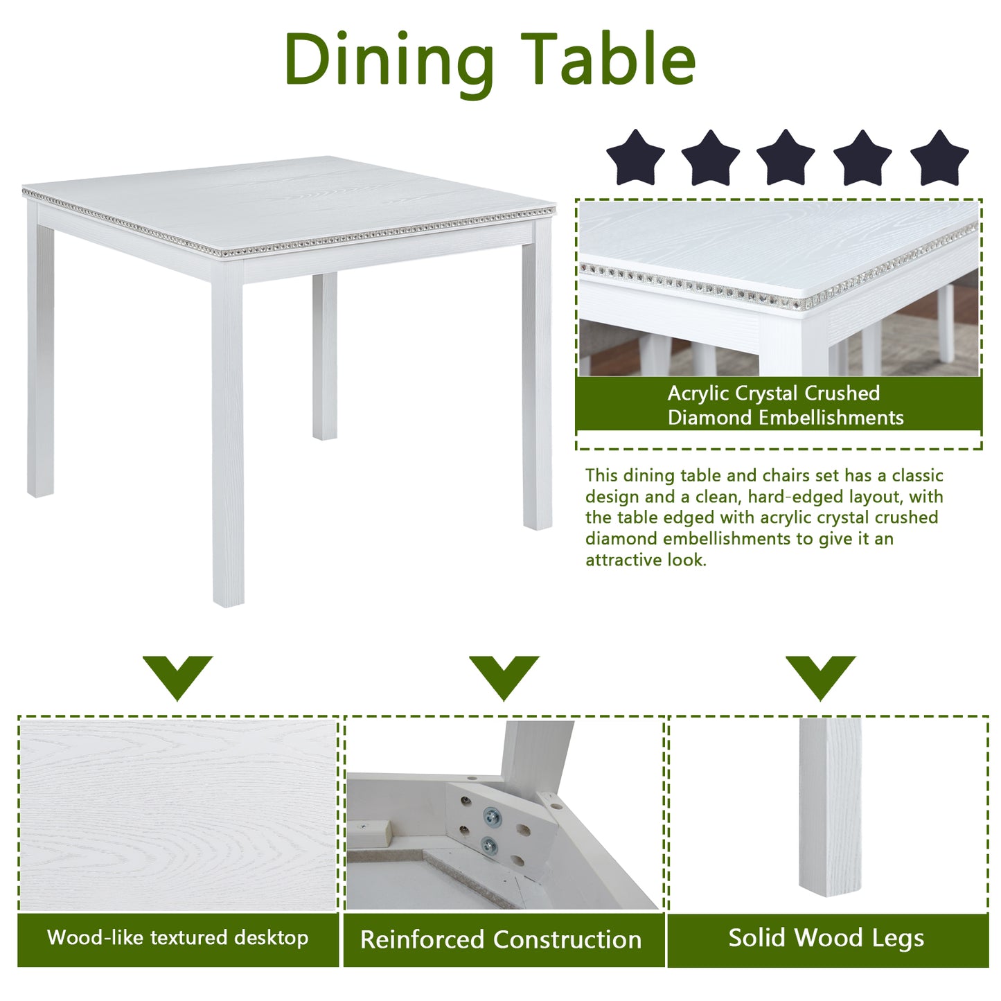 White square dining table with woodlike texture and crystal embellishments