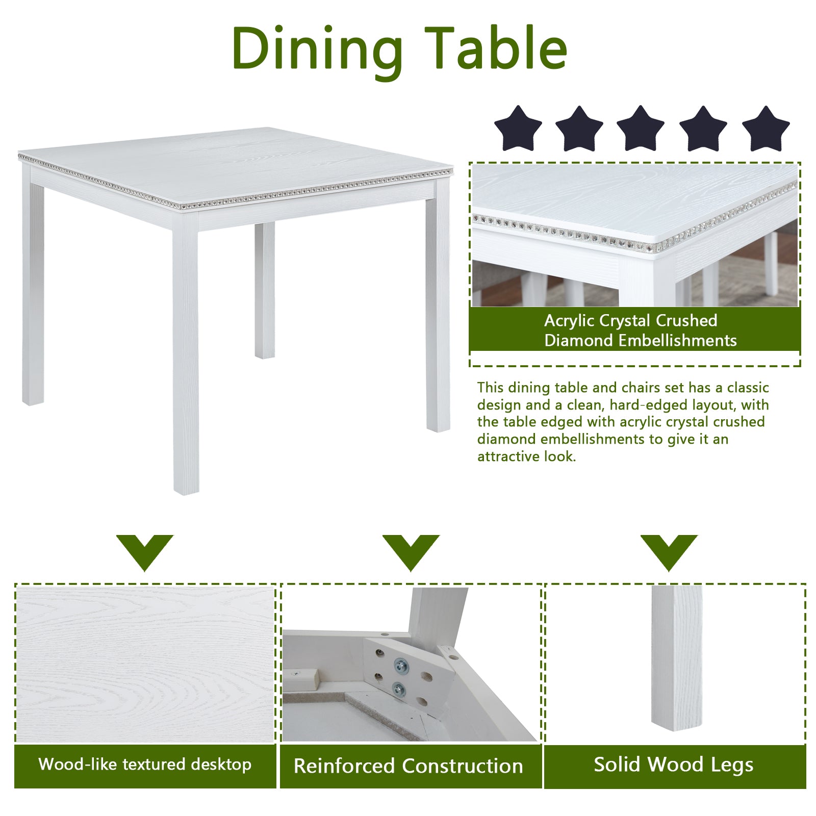 White square dining table with woodlike texture and crystal embellishments