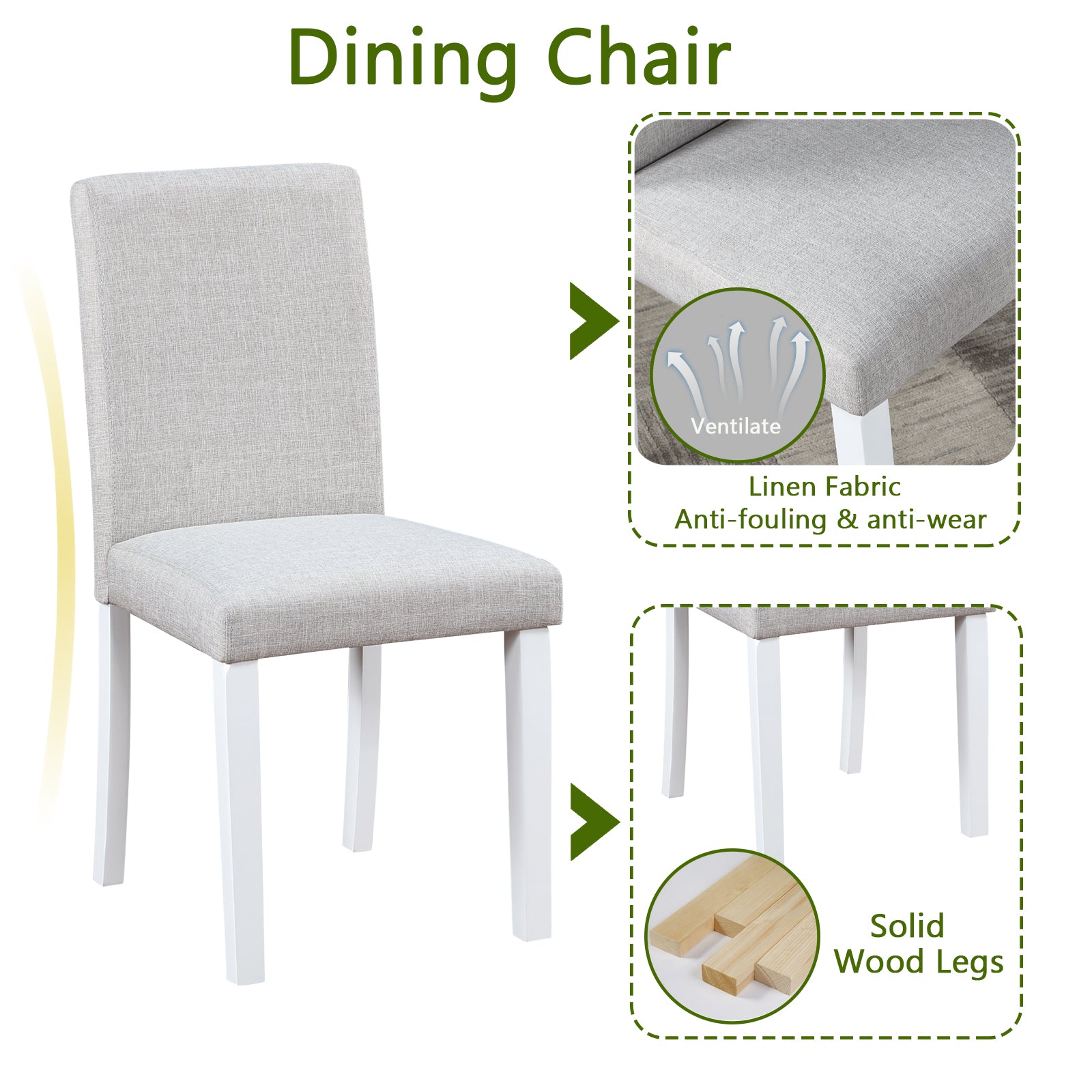 Light gray linen dining chair with white wooden legs and ventilated seat