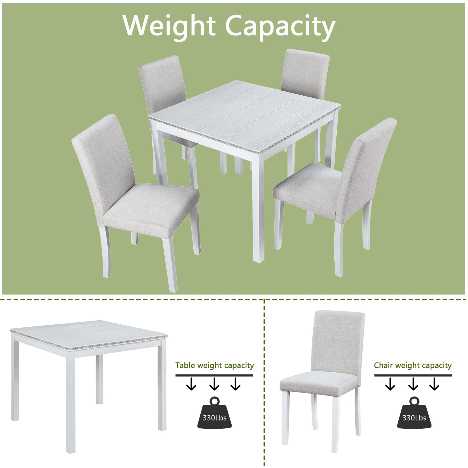 White square dining table with four upholstered chairs