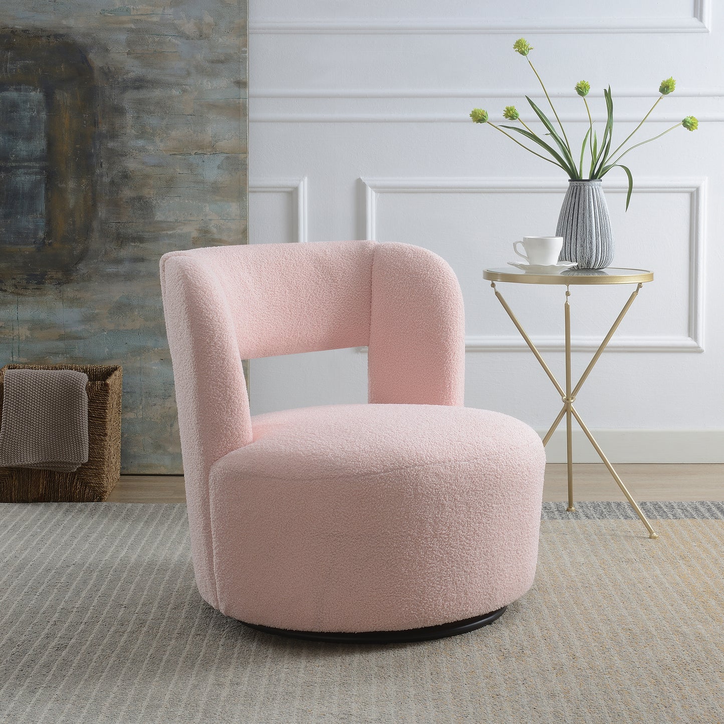 Plush pink boucl swivel chair with curved back for modern living rooms