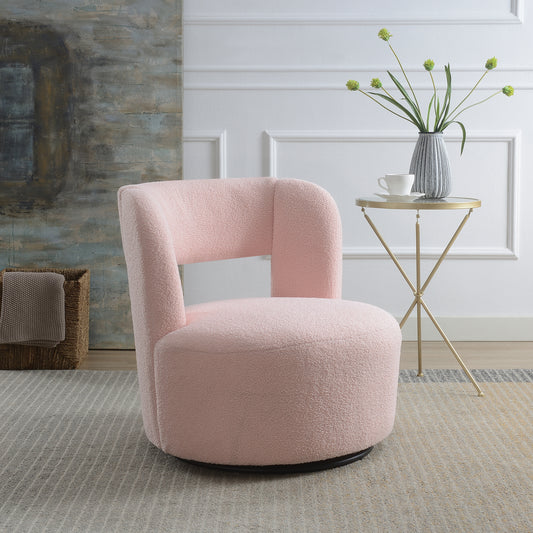 Plush pink boucl swivel chair with curved back for modern living rooms