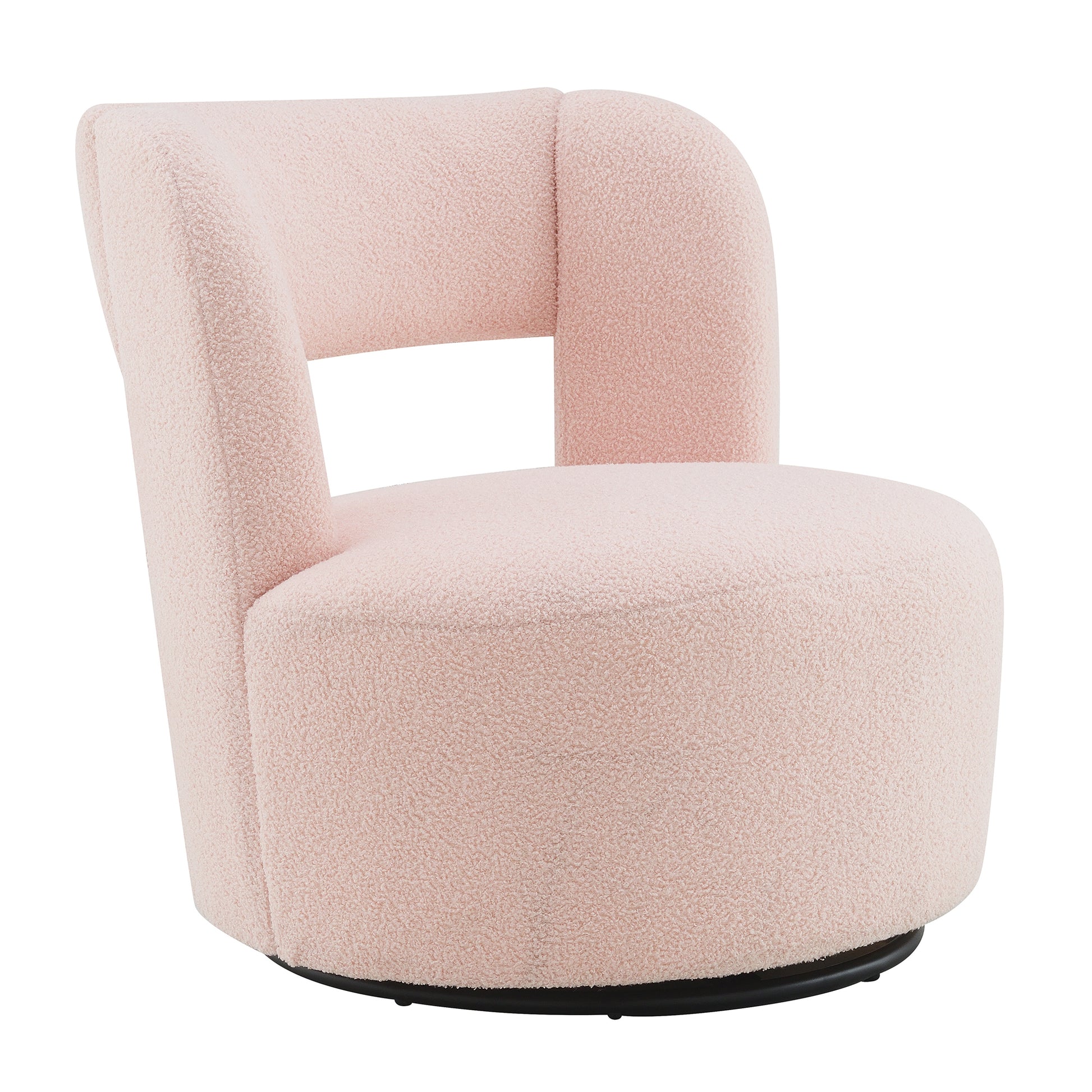 Soft pink boucle swivel accent chair with curved back and plush seat