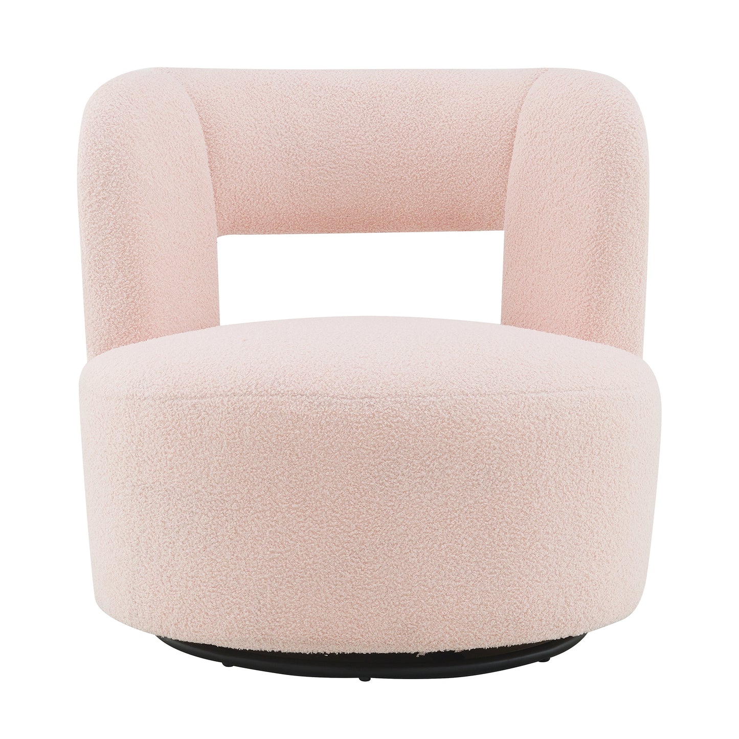 Plush pink boucle fabric swivel chair with rounded back and seat perfect for modern accent seating