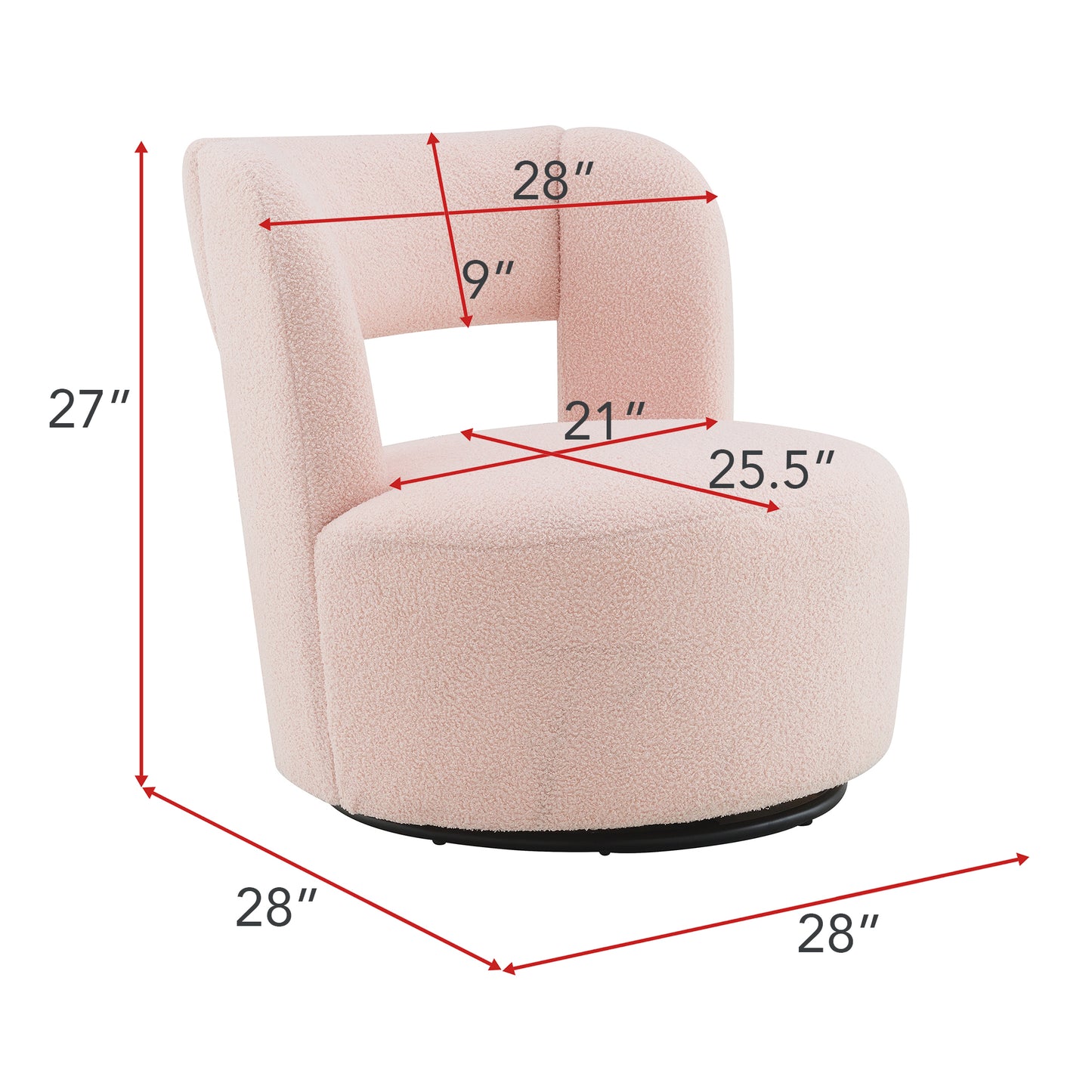 Soft pink boucle swivel chair with modern curved design and clear dimension markers