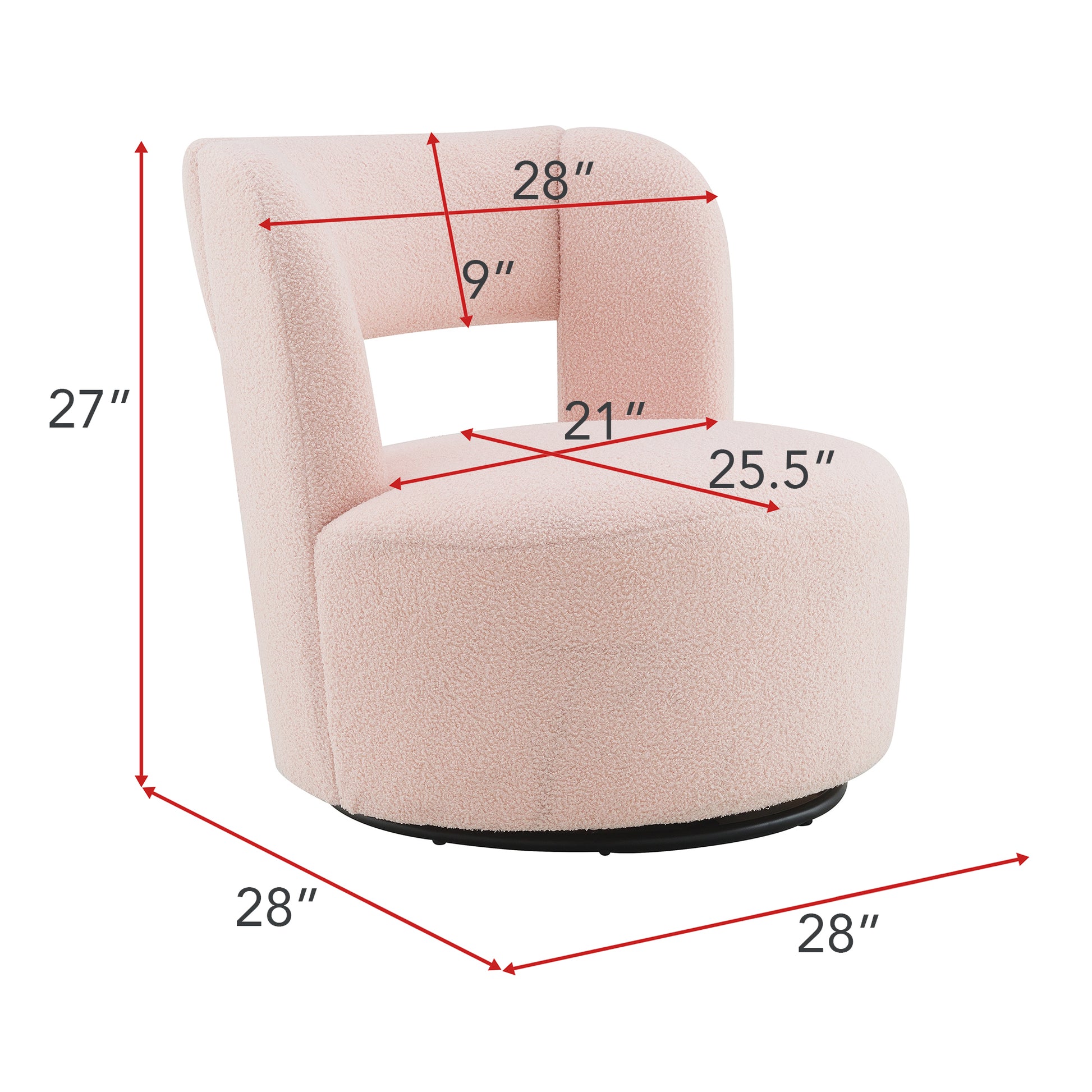 Soft pink boucle swivel chair with modern curved design and clear dimension markers