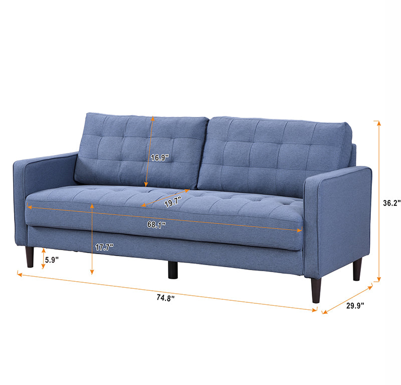 Blue tufted upholstered sofa with modern design showing dimensions for seating and height