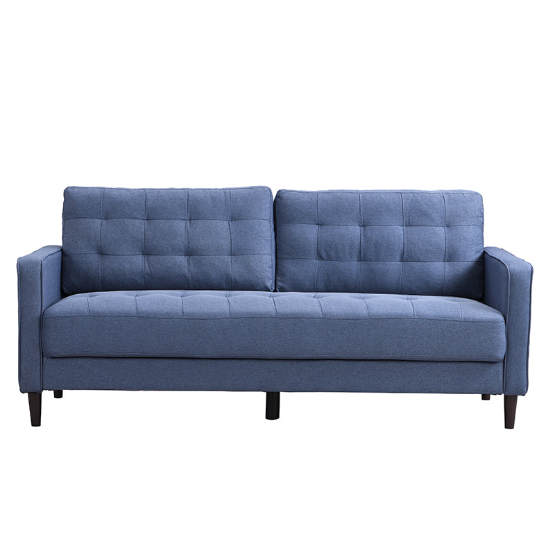 Blue tufted linen sofa with tapered wooden legs for modern living room