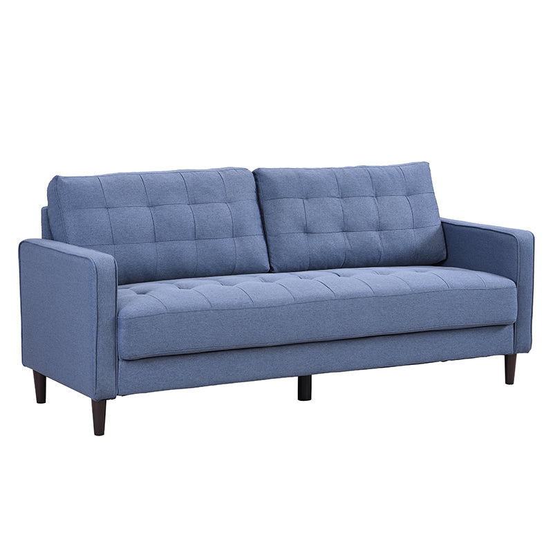 Blue tufted sofa with clean lines and dark wood legs