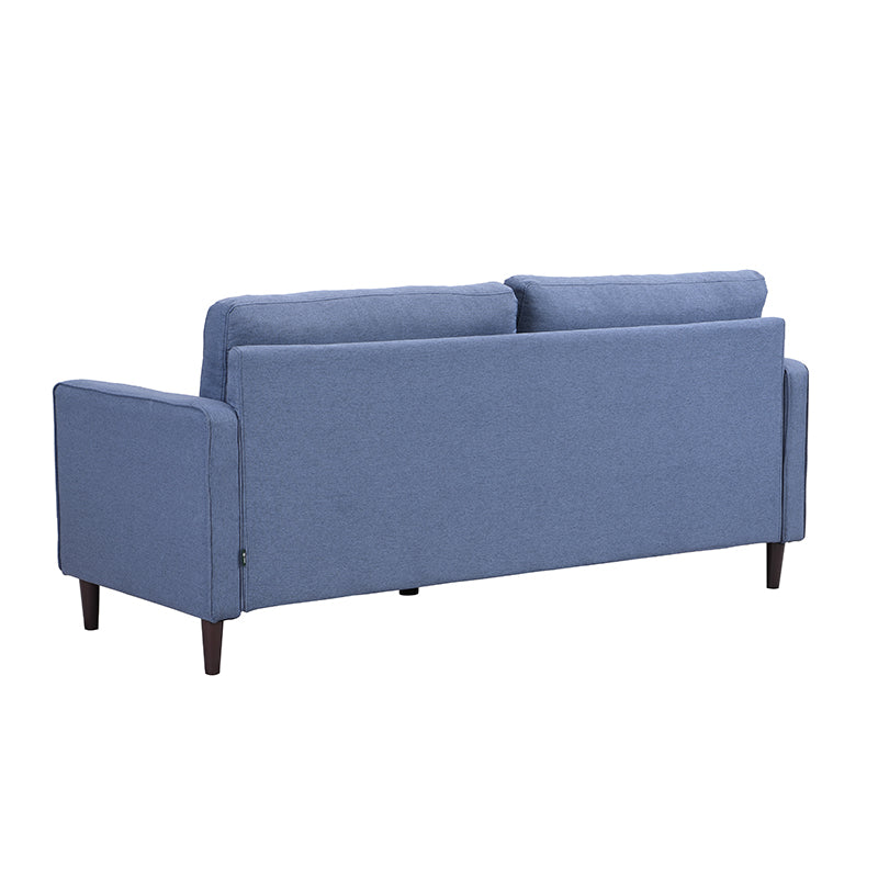 Back view of a blue fabric sofa with tapered wooden legs