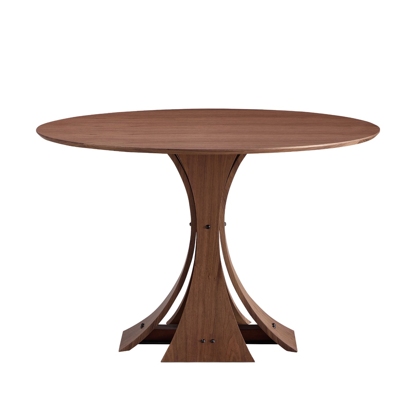 Round walnut dining table with a sculpted pedestal base perfect for modern kitchens