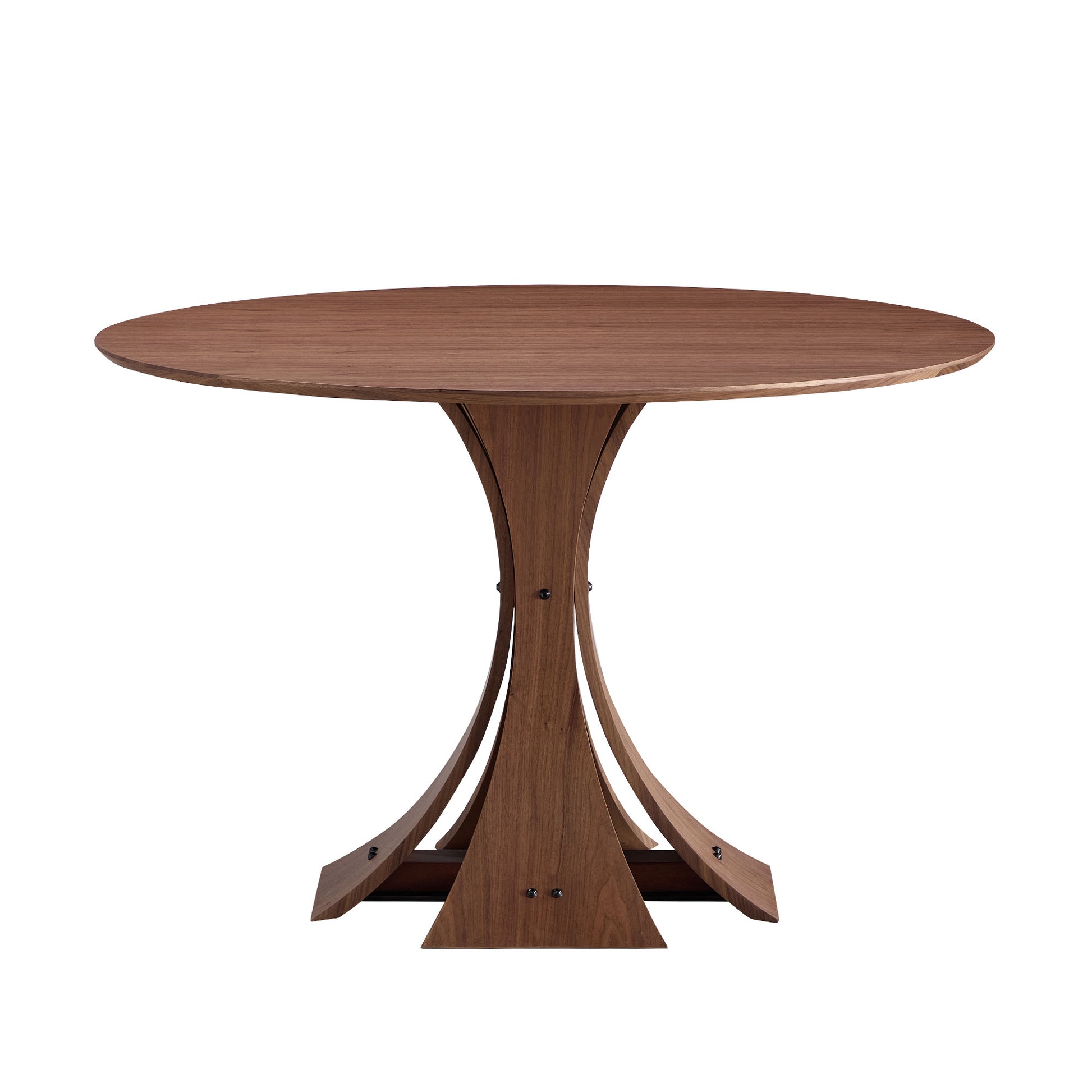 Round walnut dining table with a sculpted pedestal base perfect for modern kitchens