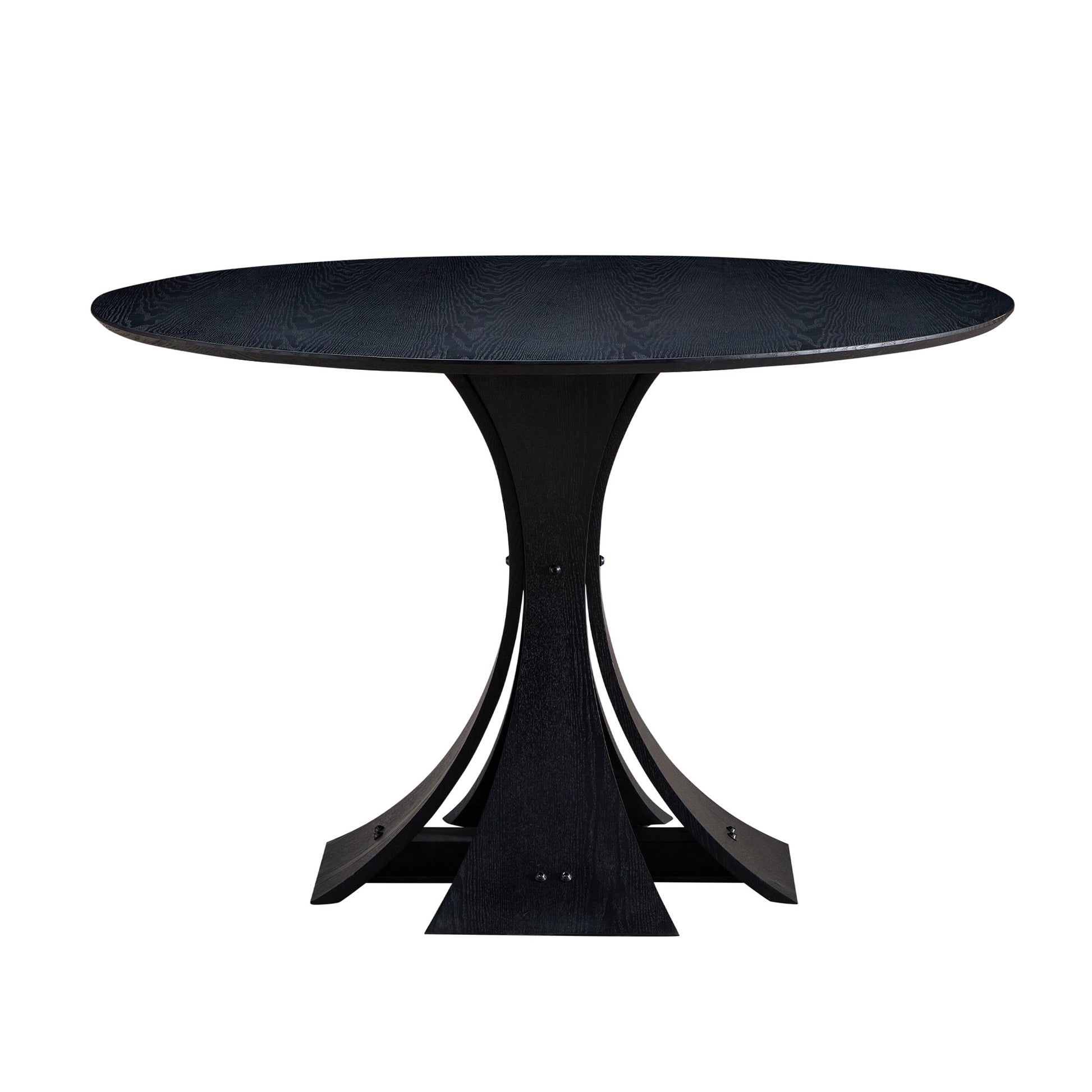 Dark oak round dining table with sculptural pedestal base