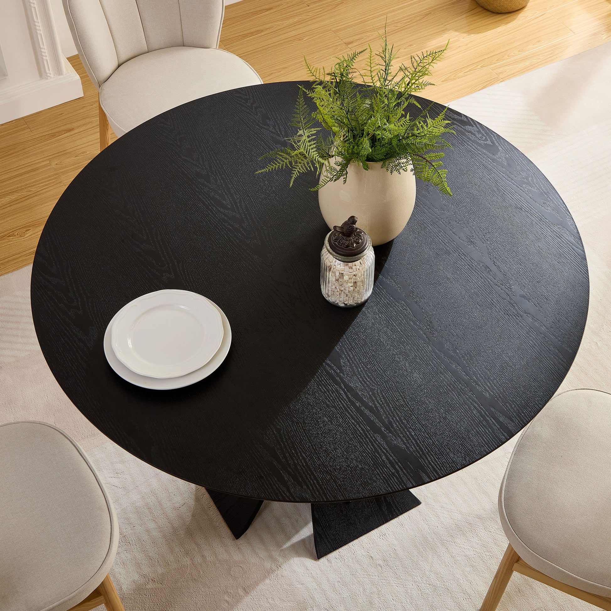 Black oak veneer round dining table with textured wood grain inch diameter