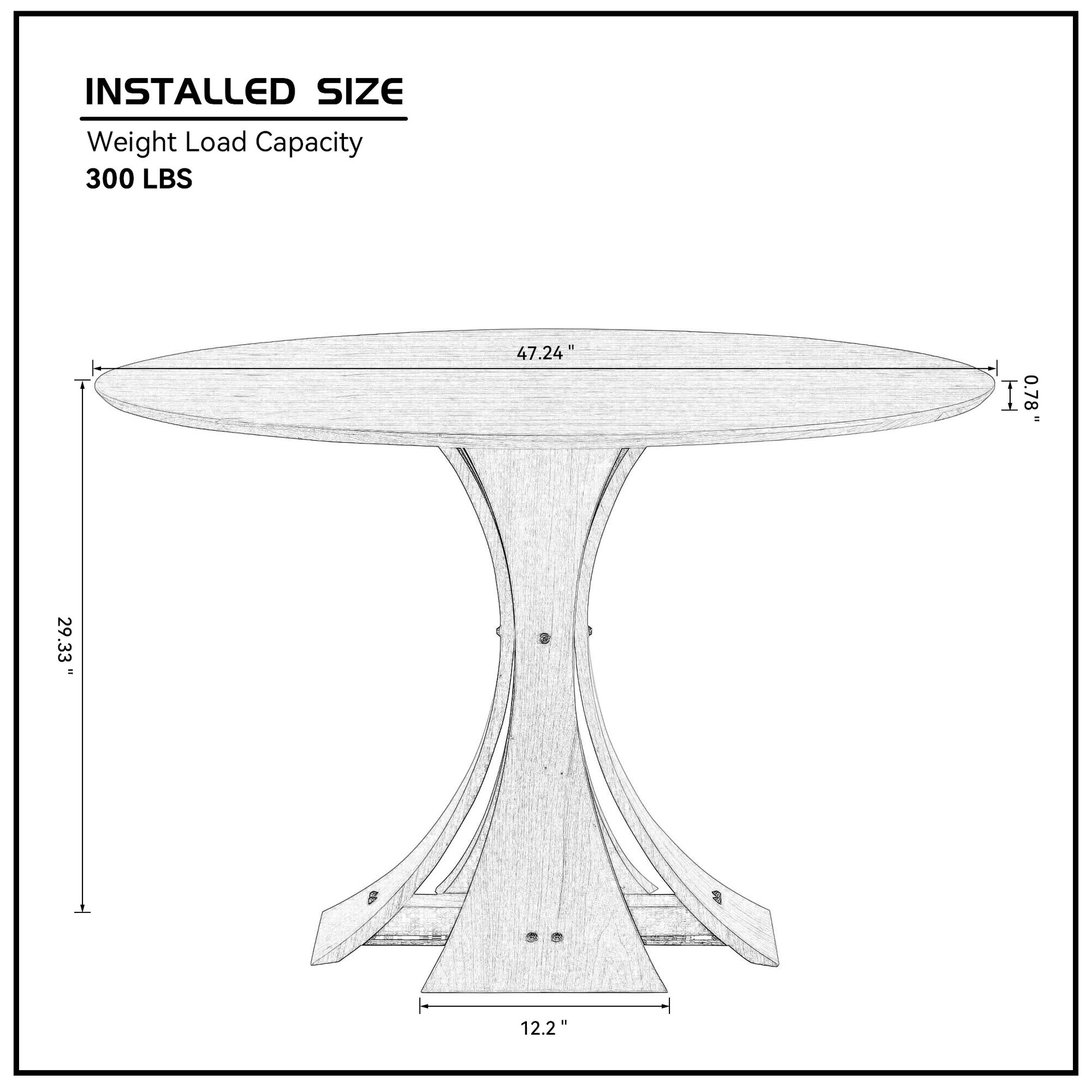 Detailed diagram of a round dining table with dimensions  diameter  height  thickness  base width