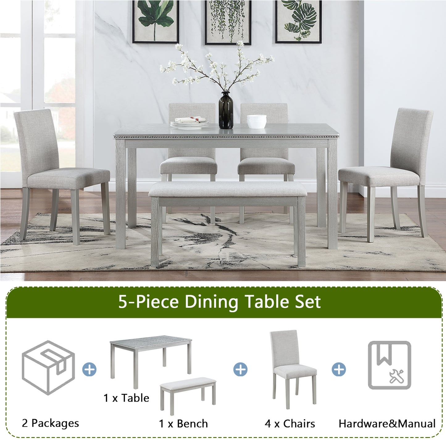 Light gray upholstered dining chairs with wooden legs accenting a modern dining table set