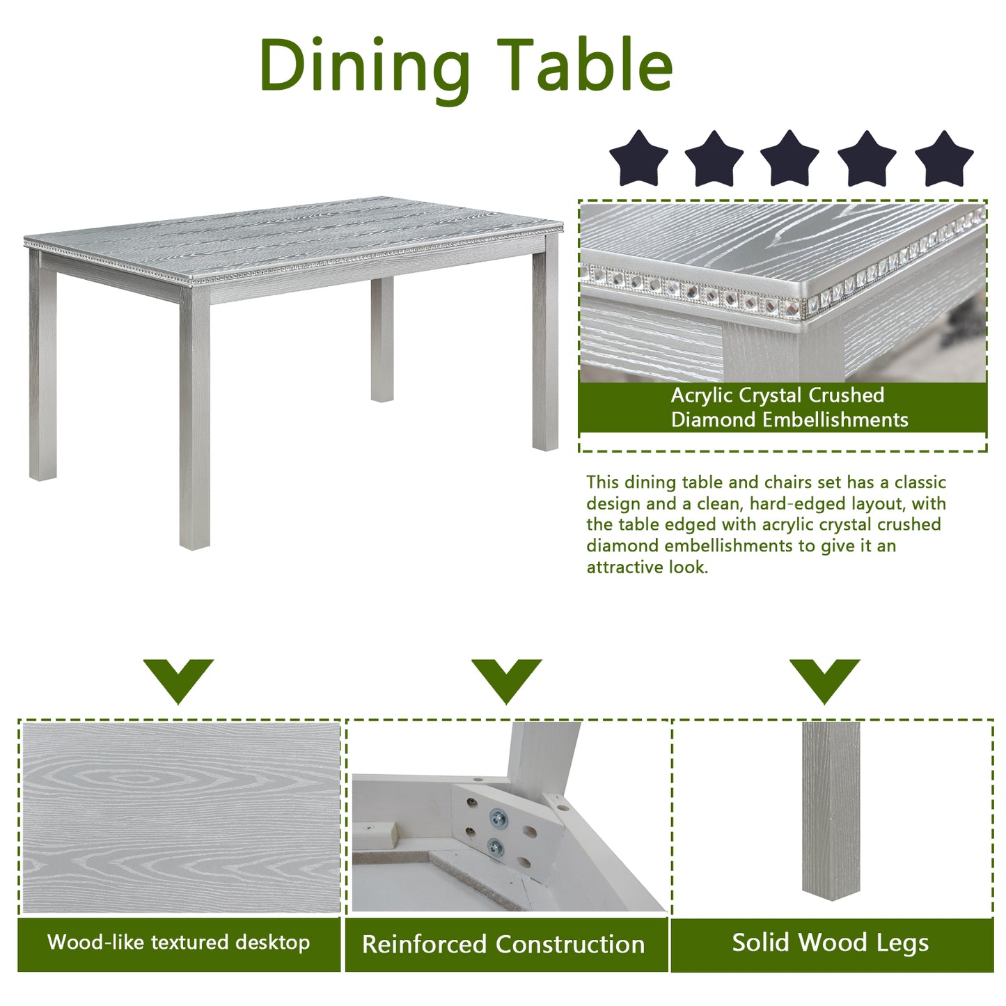 Gray woodlike textured dining table with acrylic crystal diamond embellishments