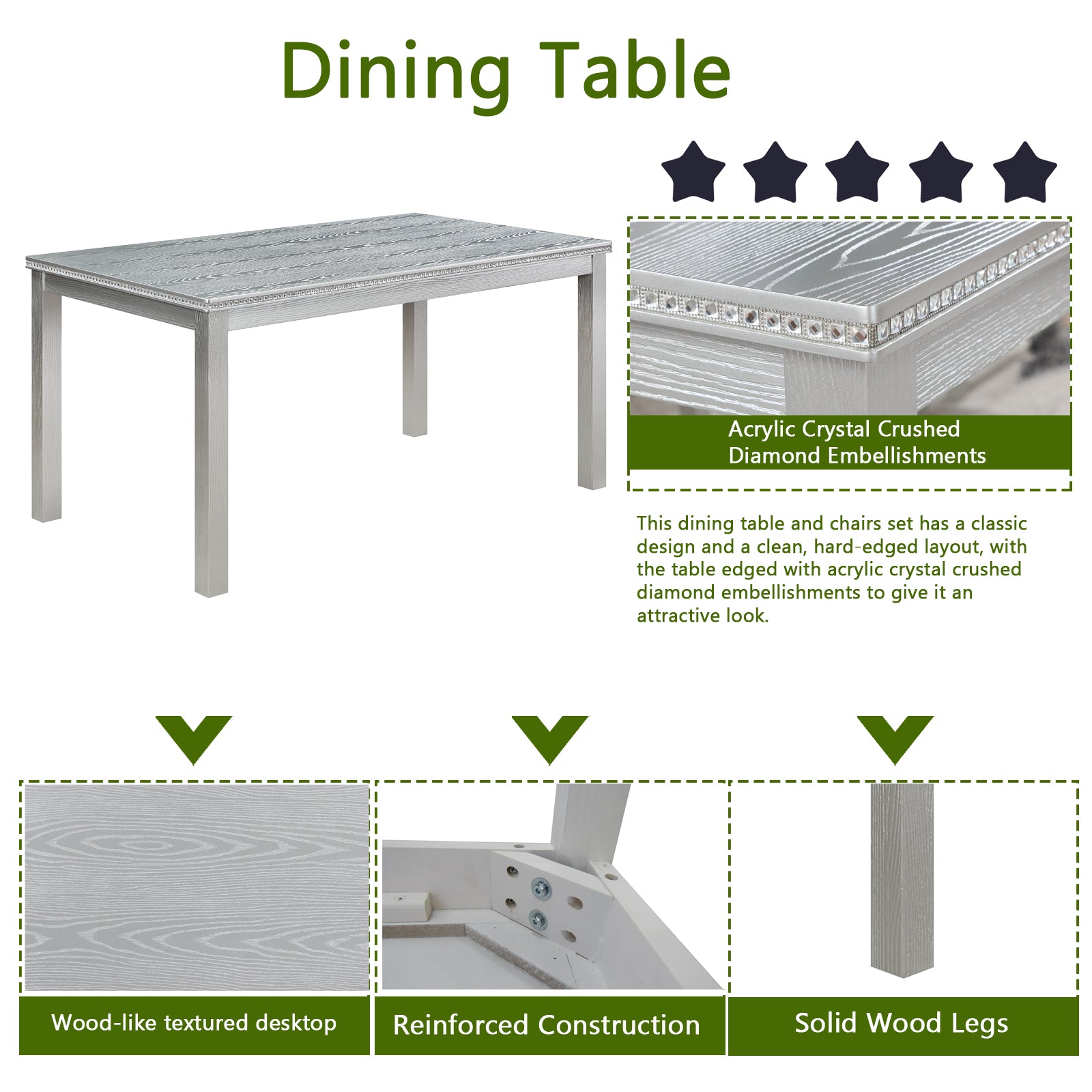 Gray woodlike textured dining table with acrylic crystal diamond embellishments