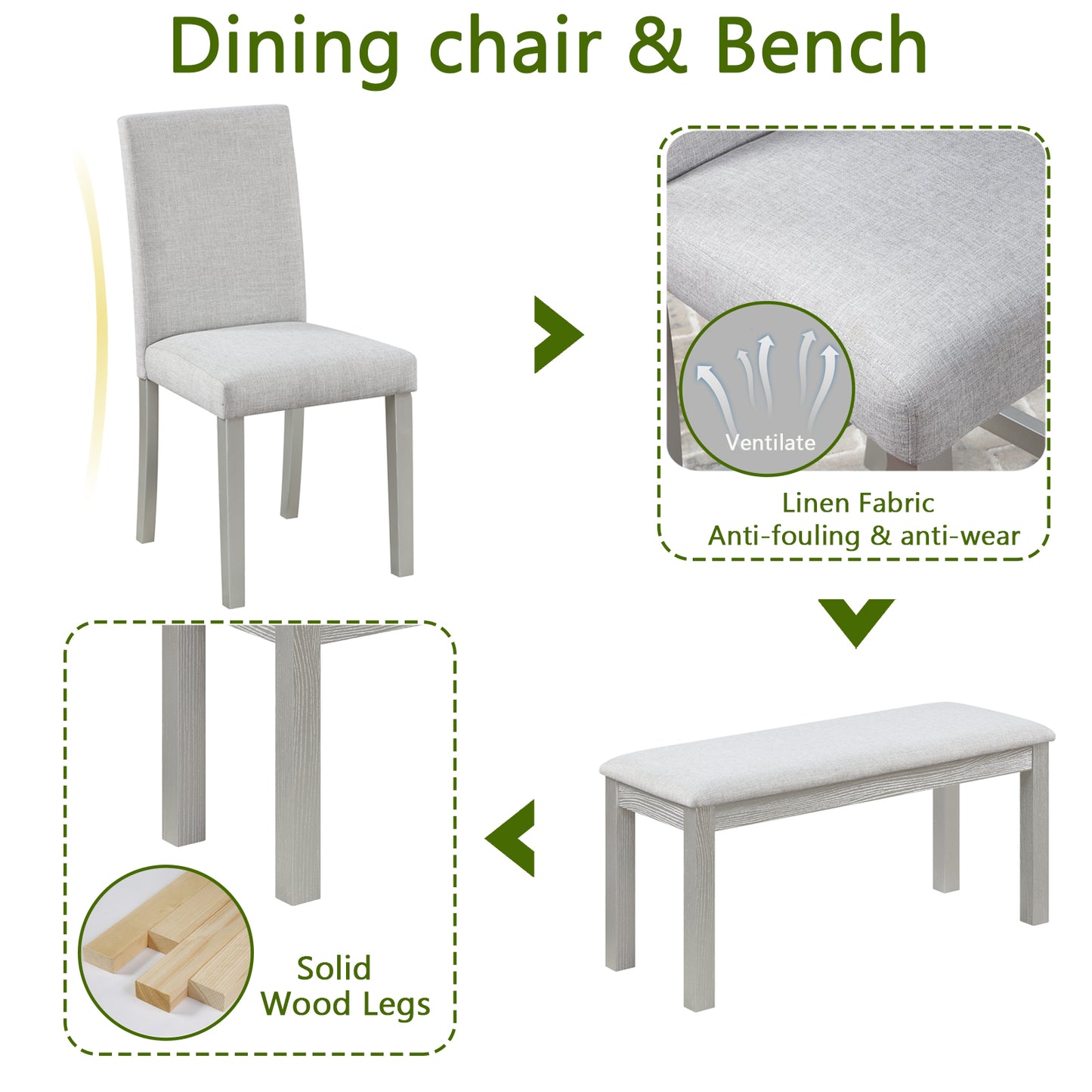 Light gray linen dining chair with solid wood legs