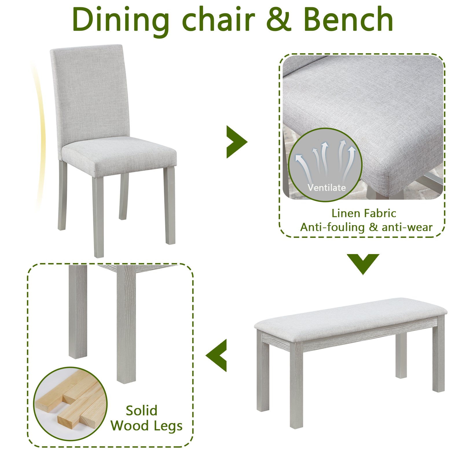 Light gray linen dining chair with solid wood legs