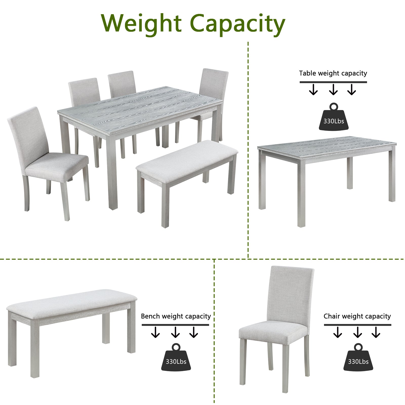 Gray wood grain dining table with  lbs weight capacity shown with chairs and bench