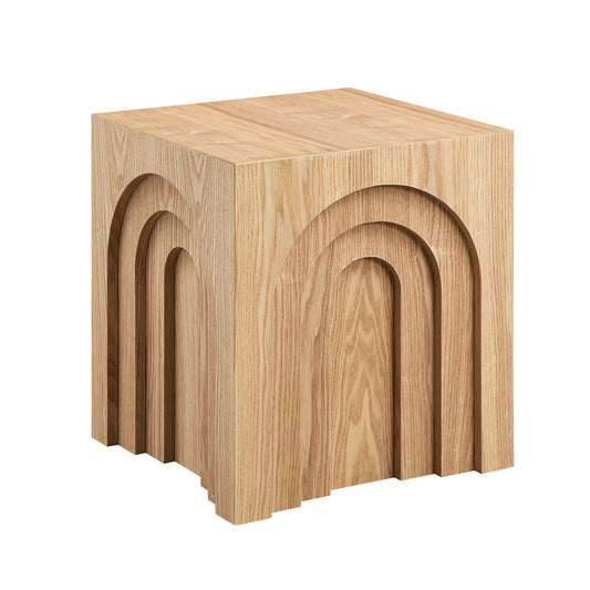 Natural wood cube accent table with layered arched design midcentury modern style