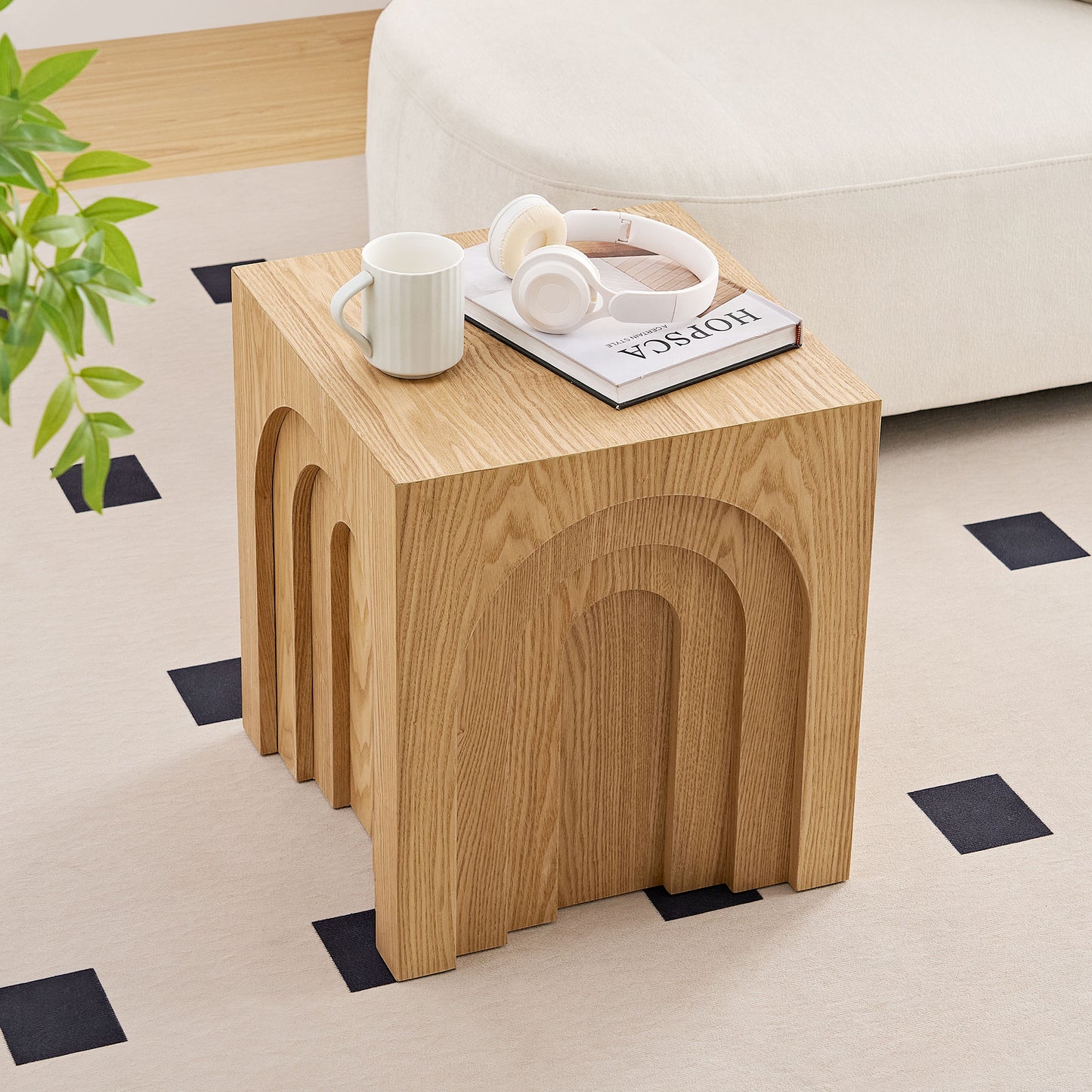 Solid oak wood end table with arched detailing ideal for modern living rooms