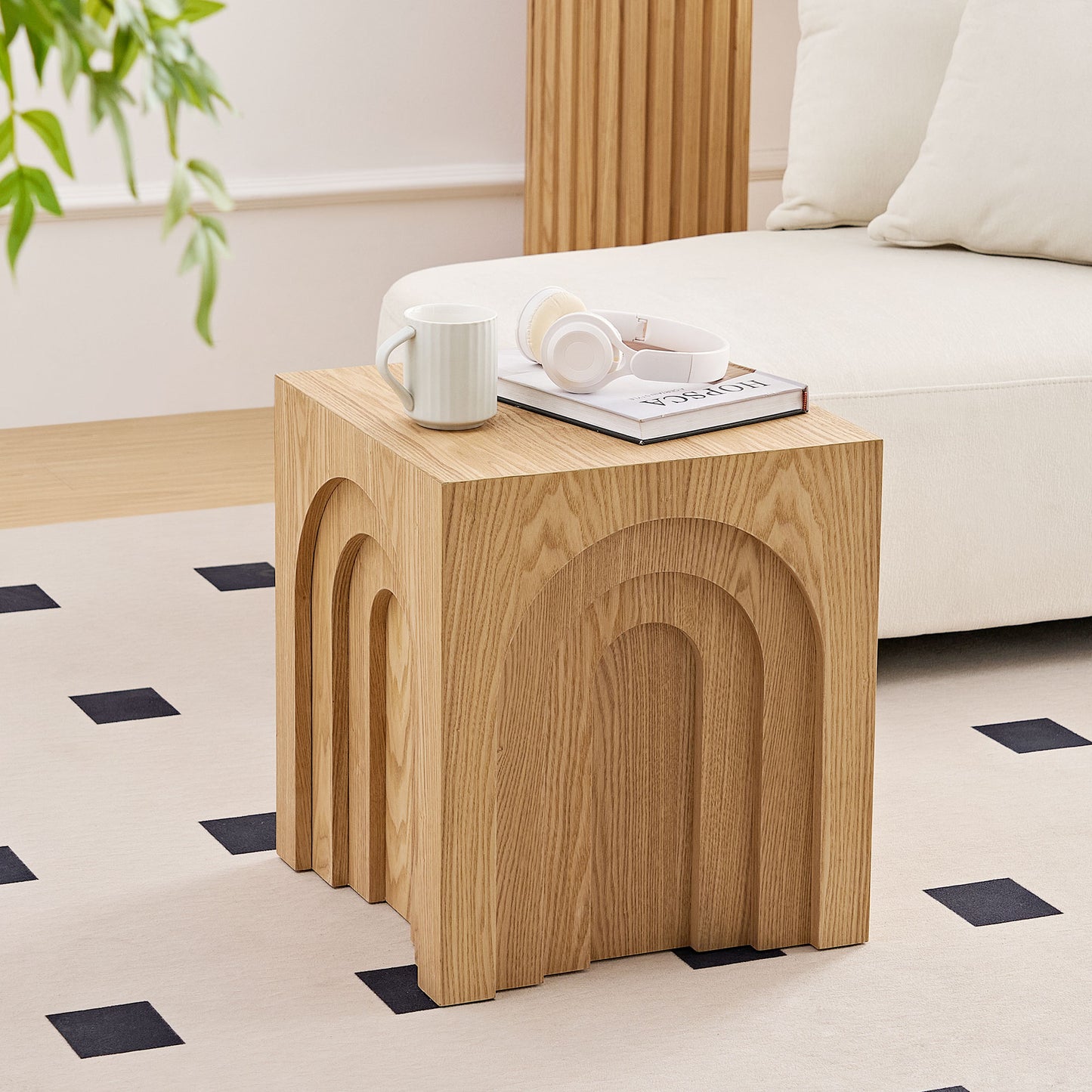 Natural oak wood accent table with arched panel design perfect for modern living rooms