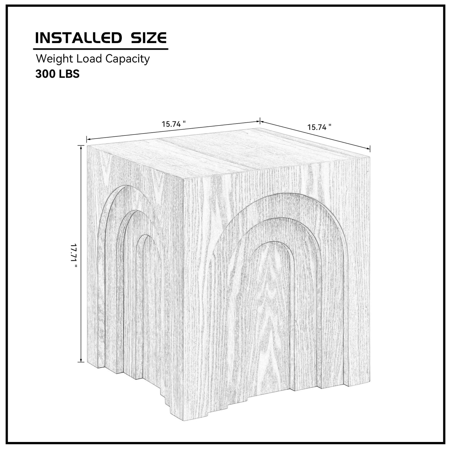 Sketch of wooden end table with arched front  W x  H