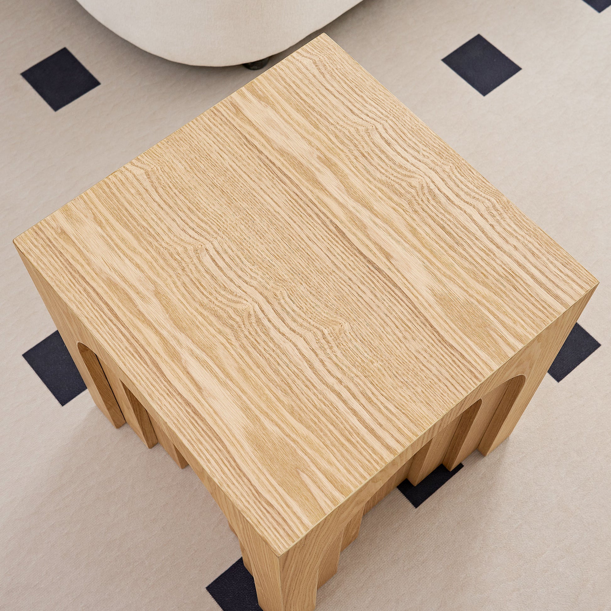 Solid oak end table with natural wood grain and minimalist design