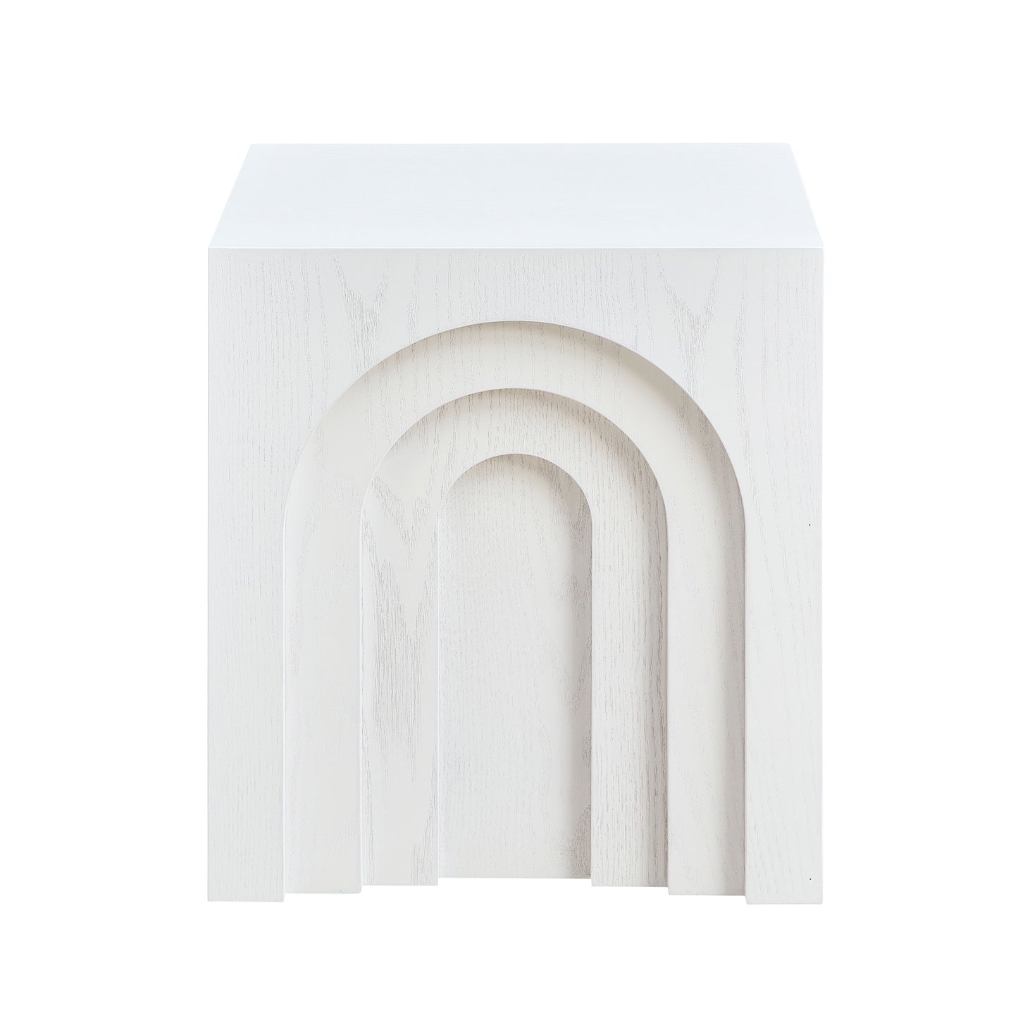 White wooden side table with stacked arch design and light wood grain