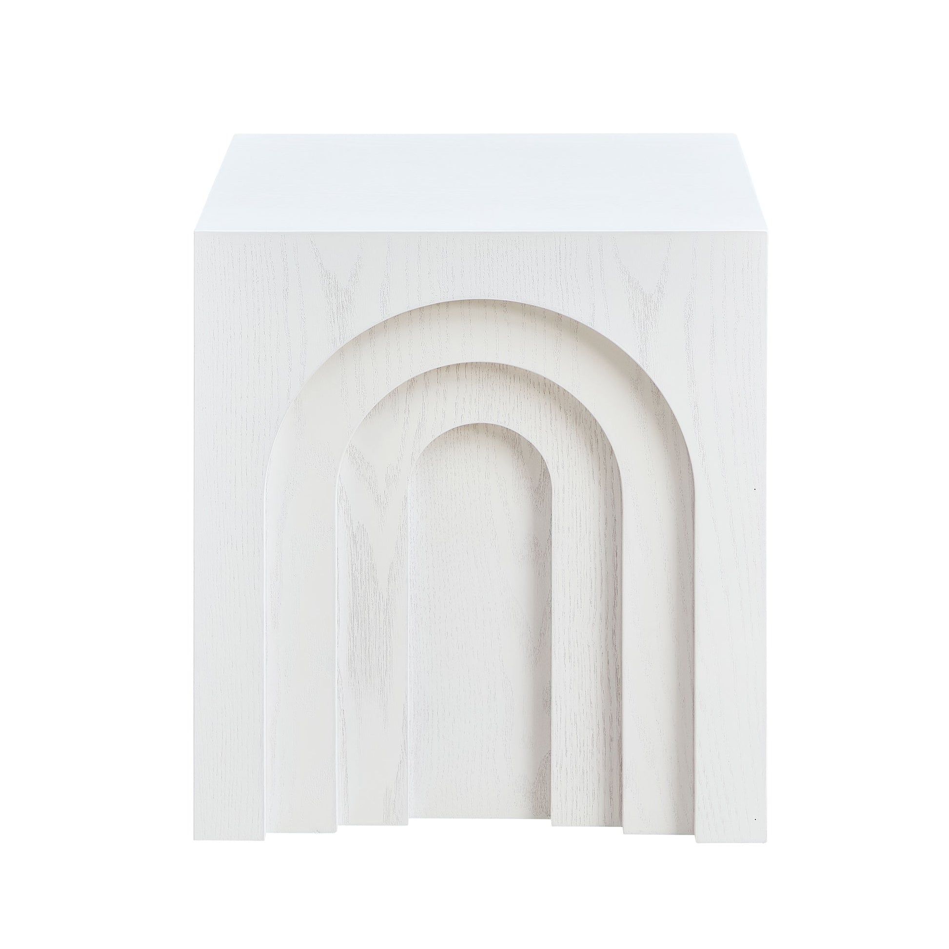 White wooden side table with stacked arch design and light wood grain