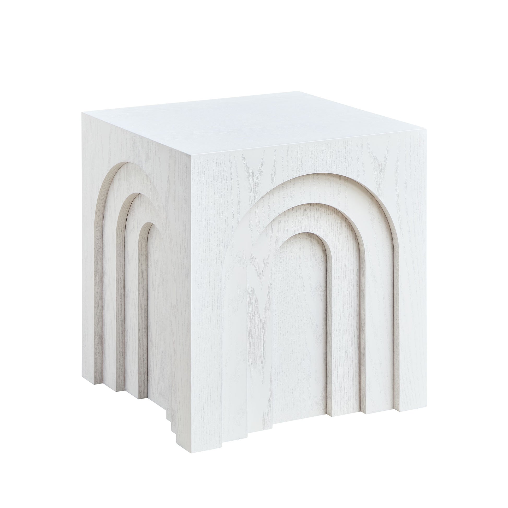 White wood cube side table with layered arched design