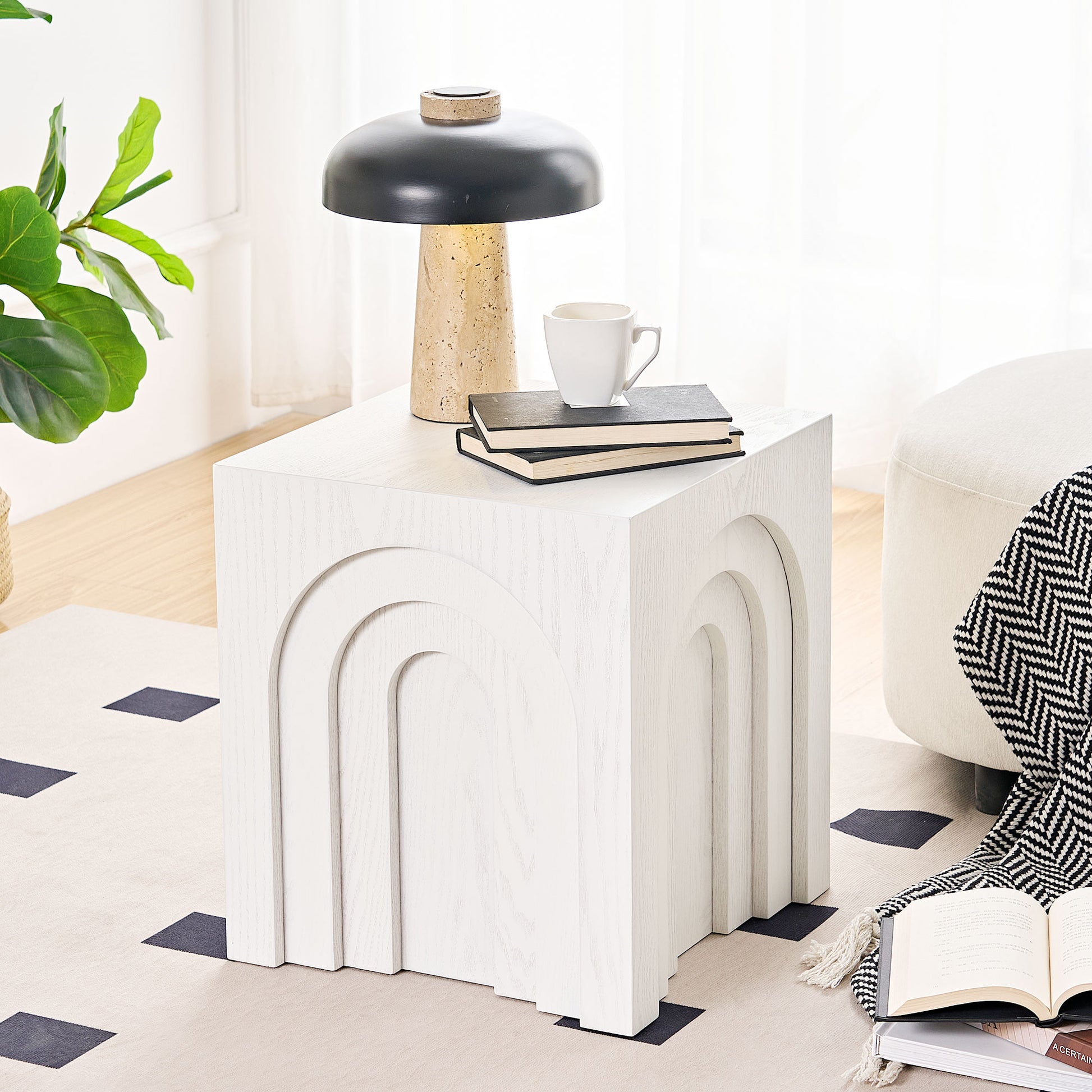 White wood accent table with carved arched panels modern organic design