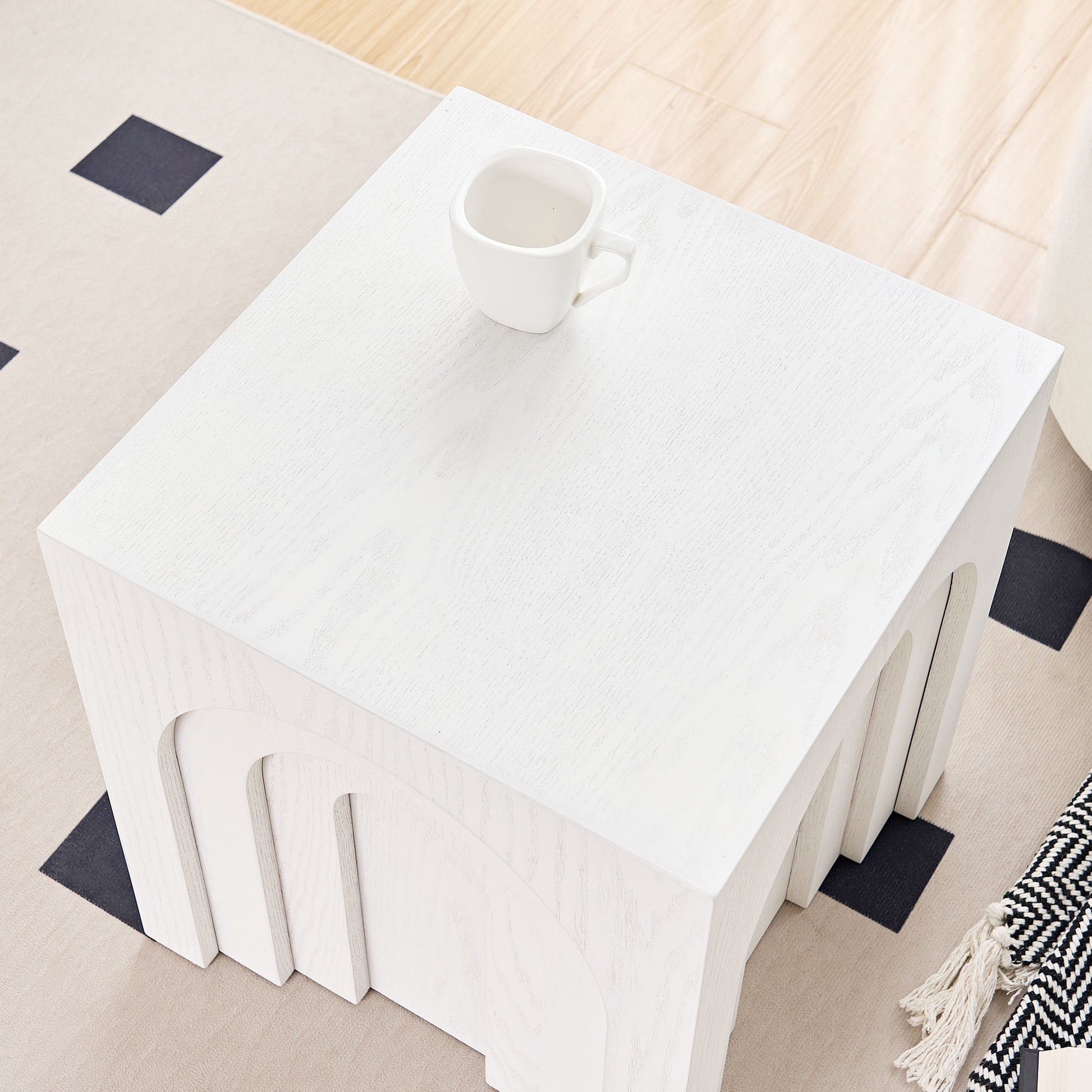 White oak nesting side tables with arched cutouts contemporary living room accent