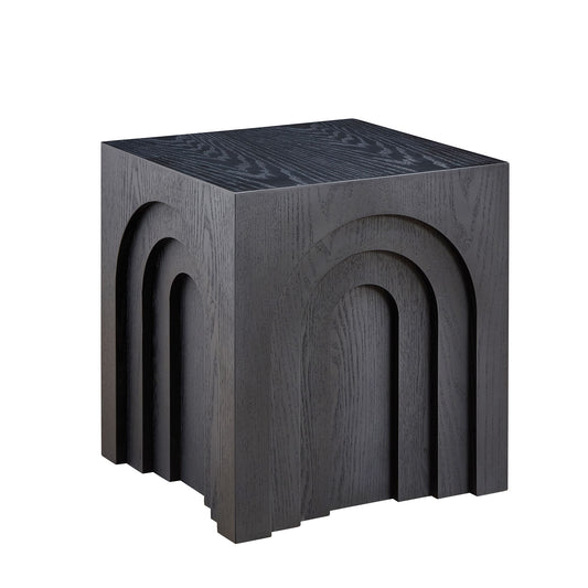 Black arched wood accent table with textured grain perfect for modern living rooms