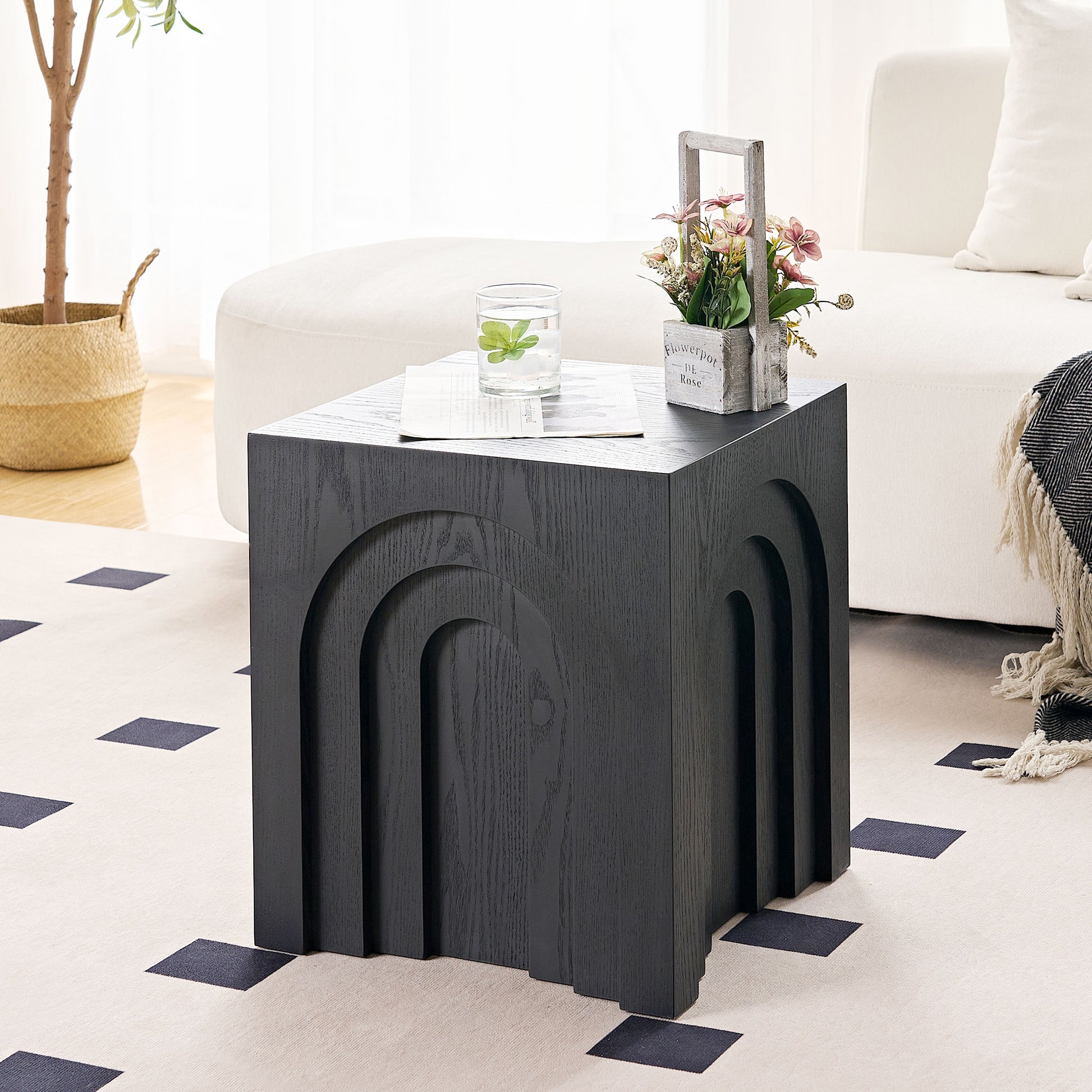 Modern black wood side table with arched panel design perfect accent piece