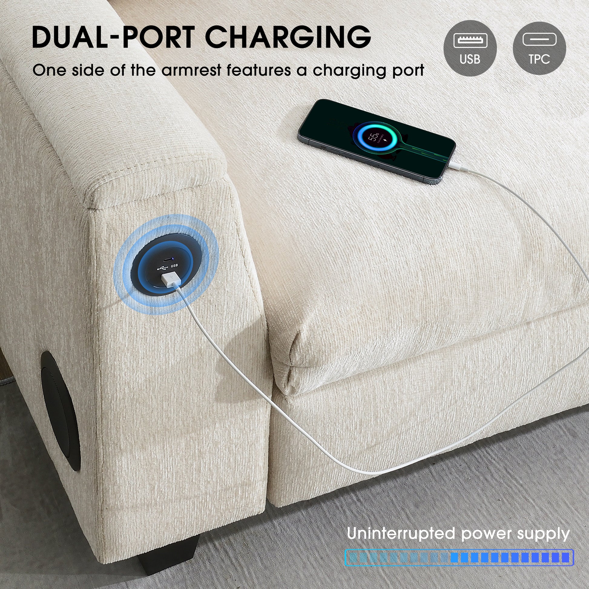 Closeup of beige fabric sofa armrest with integrated USB charging port phone charging