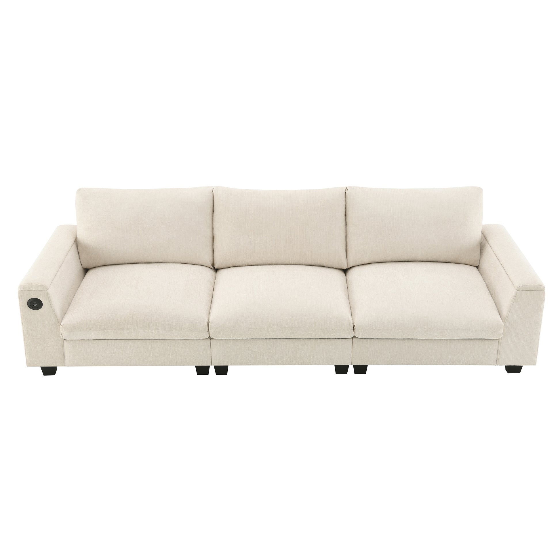 Beige linen seater sofa with plush cushions and integrated USB charging port
