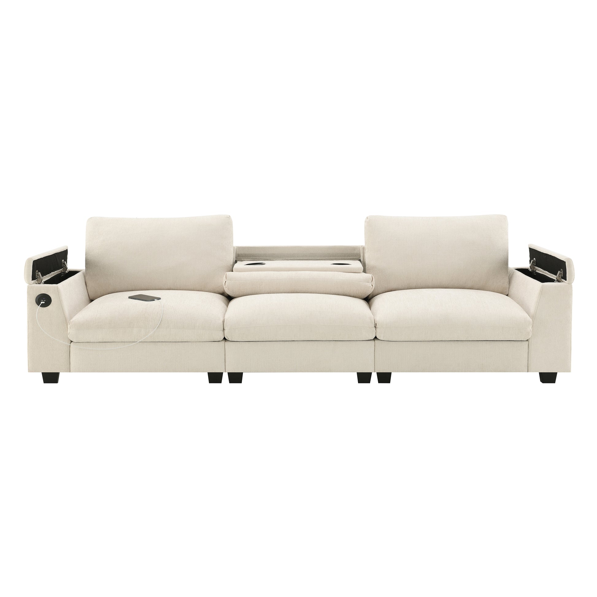Cream fabric sofa with builtin storage USB ports and a central console tray for drinks