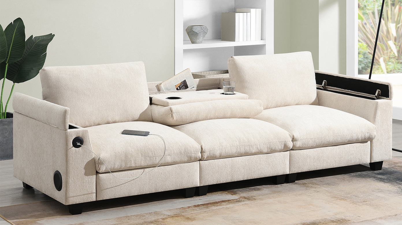 Beige fabric modular sectional sofa with builtin USB ports and storage
