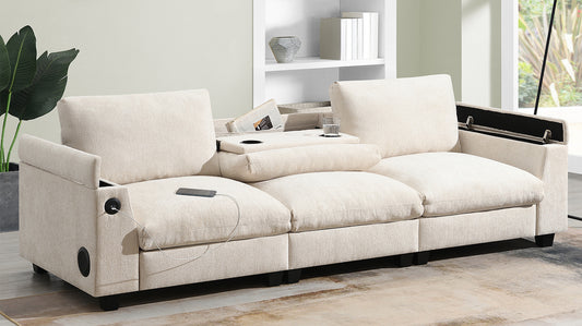 Beige fabric modular sectional sofa with builtin USB ports and storage