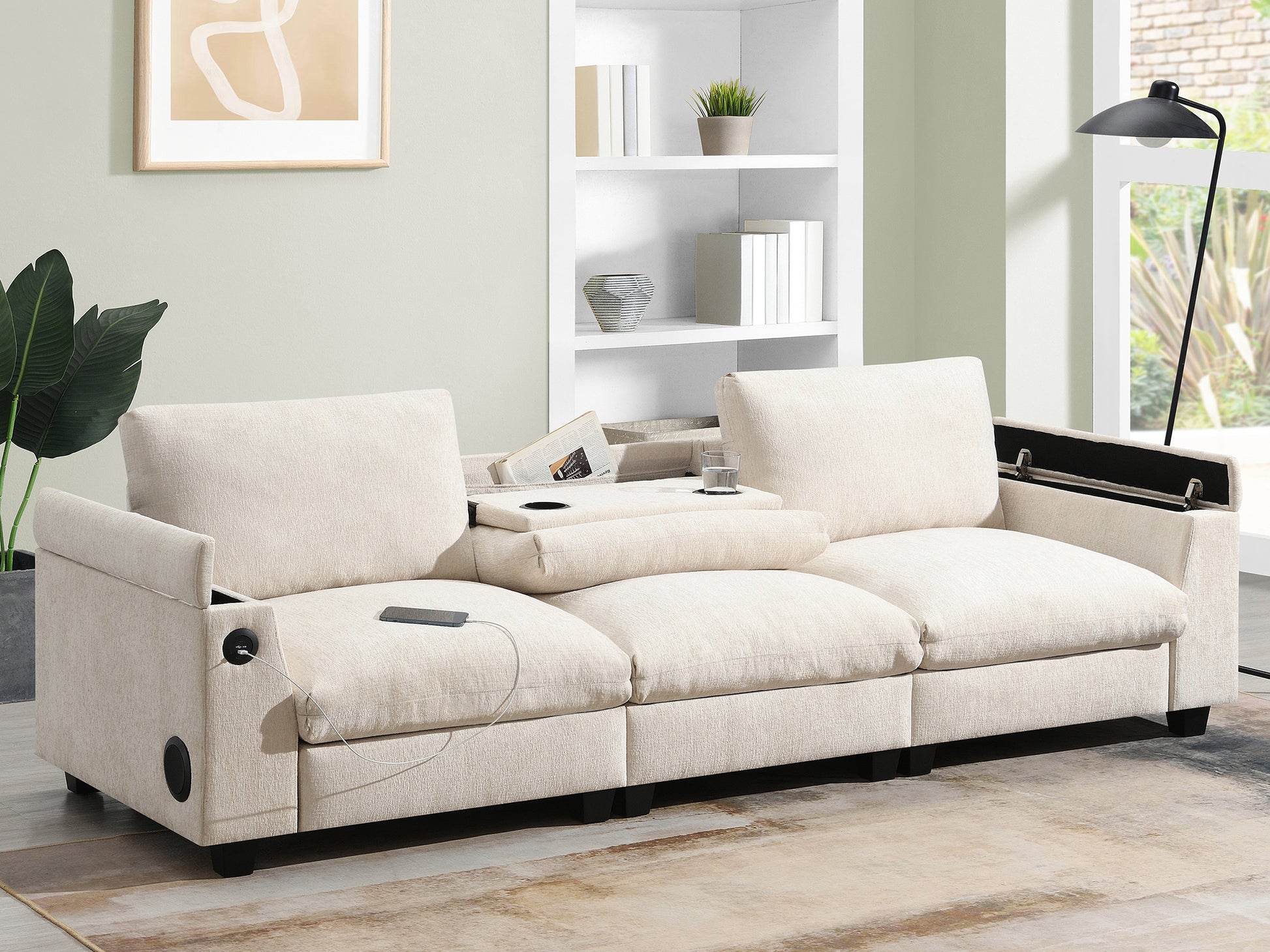 Cream linen sectional sofa with integrated charging ports and a hidden storage compartment