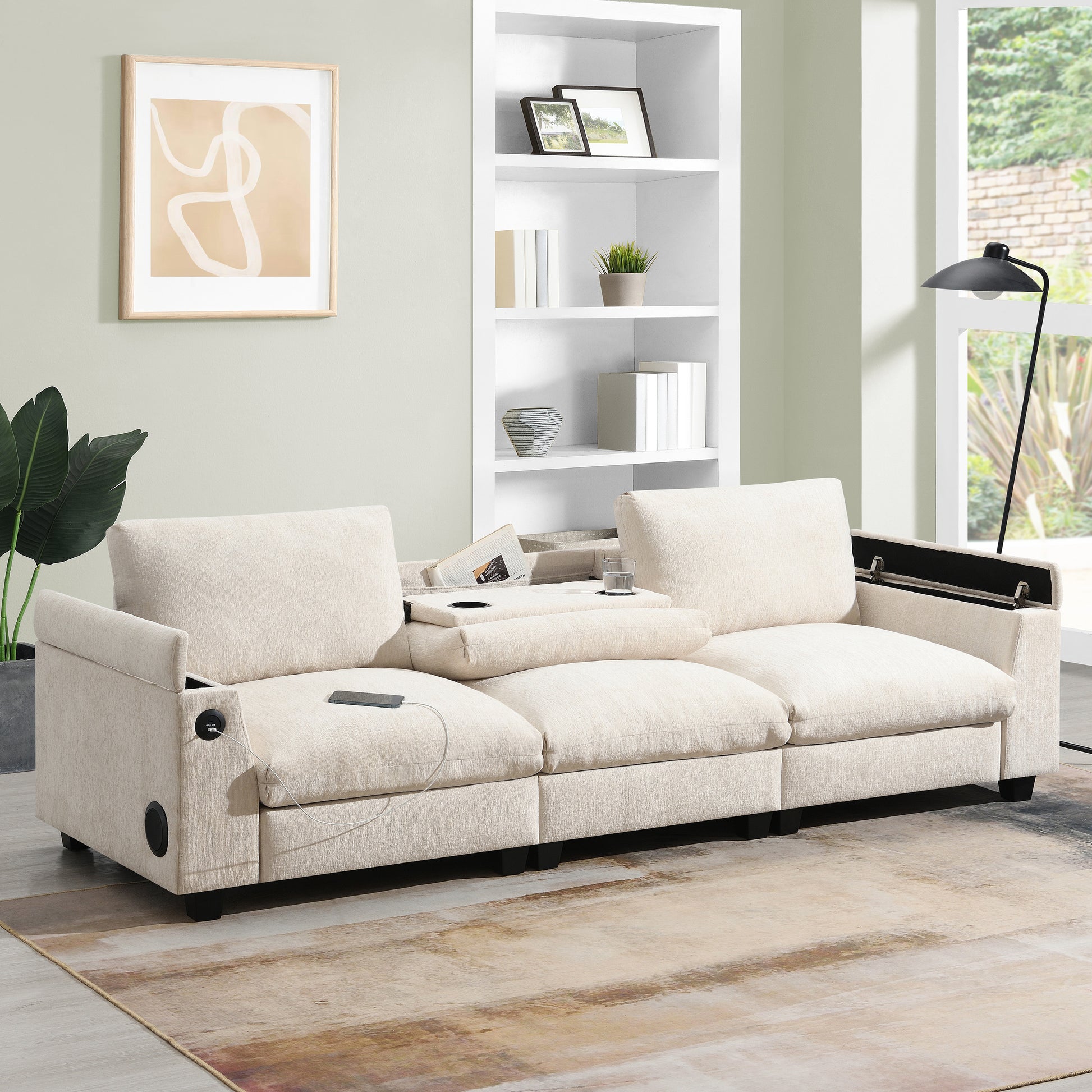 Beige sectional sofa with integrated USB ports cup holders and storage for modern living rooms