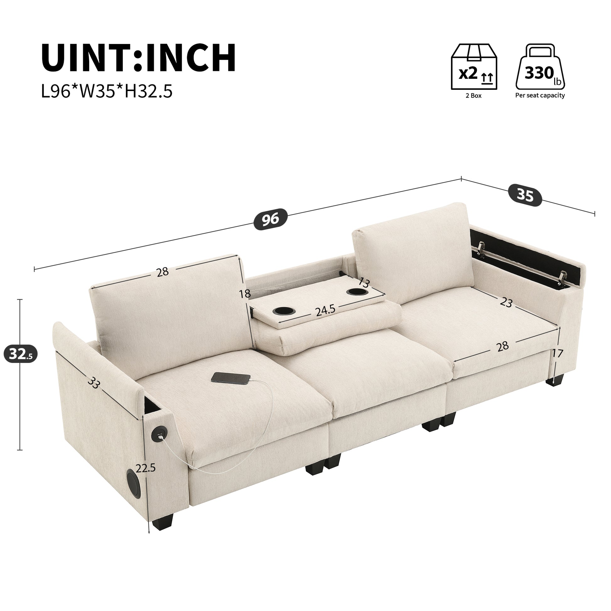 Modern beige sectional sofa with builtin charging ports and cup holders