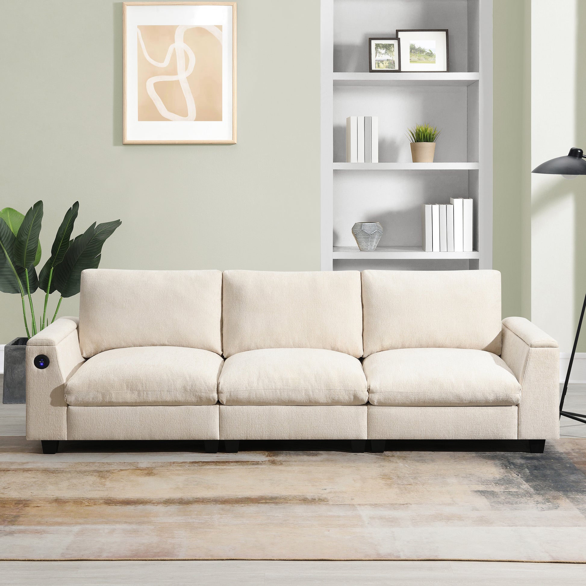 Cream linen threeseater sofa with builtin USB charging port