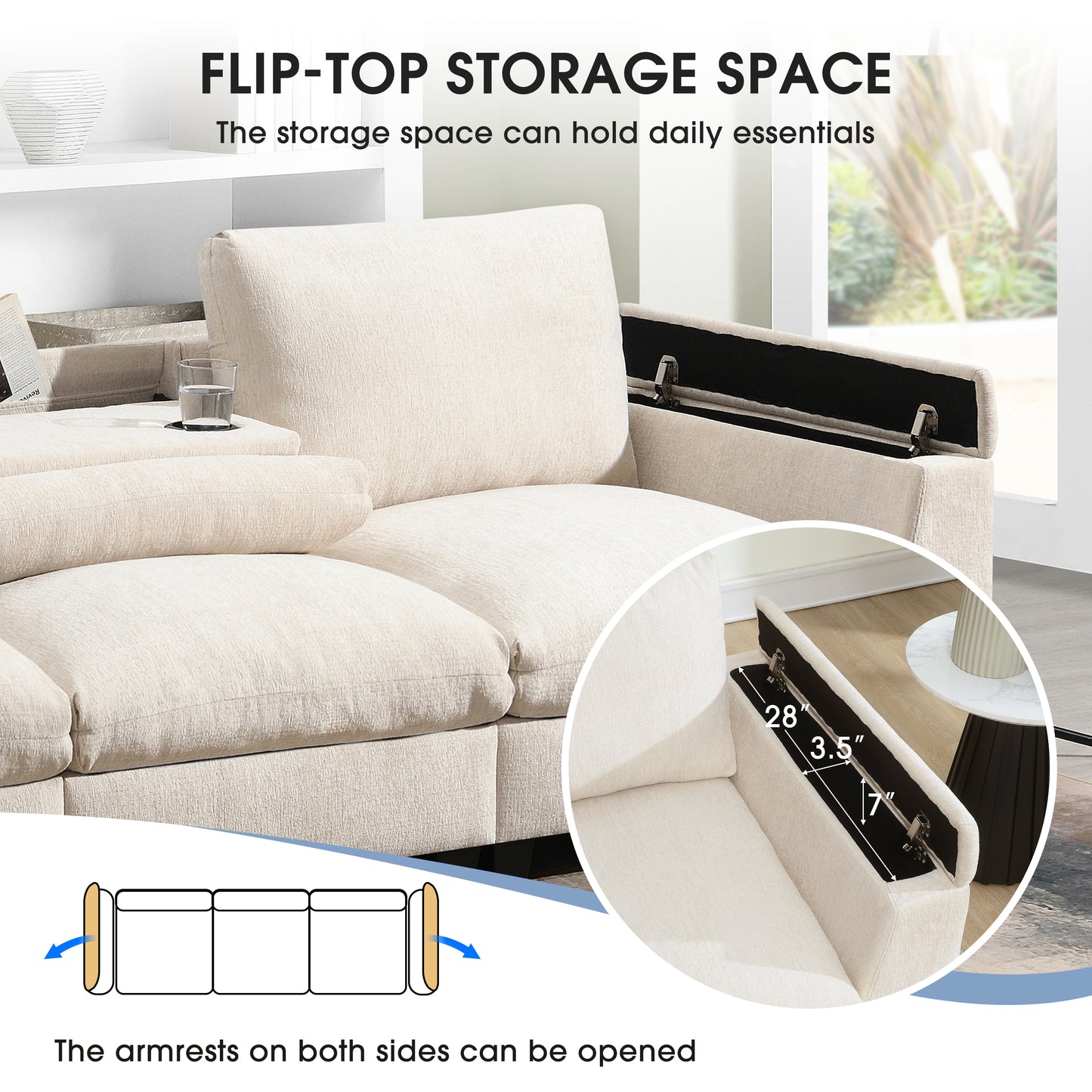 Cream fabric sofa with fliptop storage perfect for modern living spaces