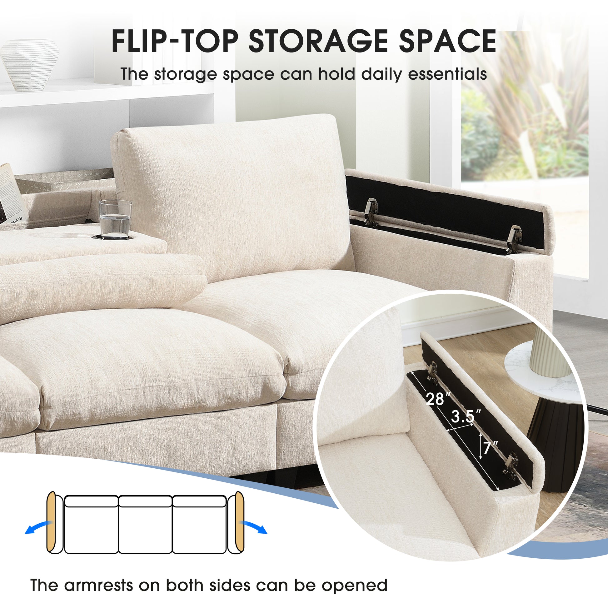 Cream fabric sofa with fliptop storage perfect for modern living spaces